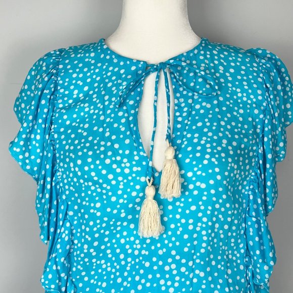 Coolchange Quinn Womens Ruffled Tunic Dress Swim Cover Aqua Blue Polka Dot sz XS - Picture 3 of 13